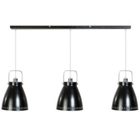 Zwarte hanglamp met drie industriele metalen kappen