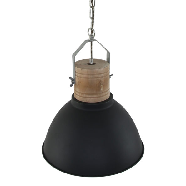 zwarte hanglamp met houten opzetblok
