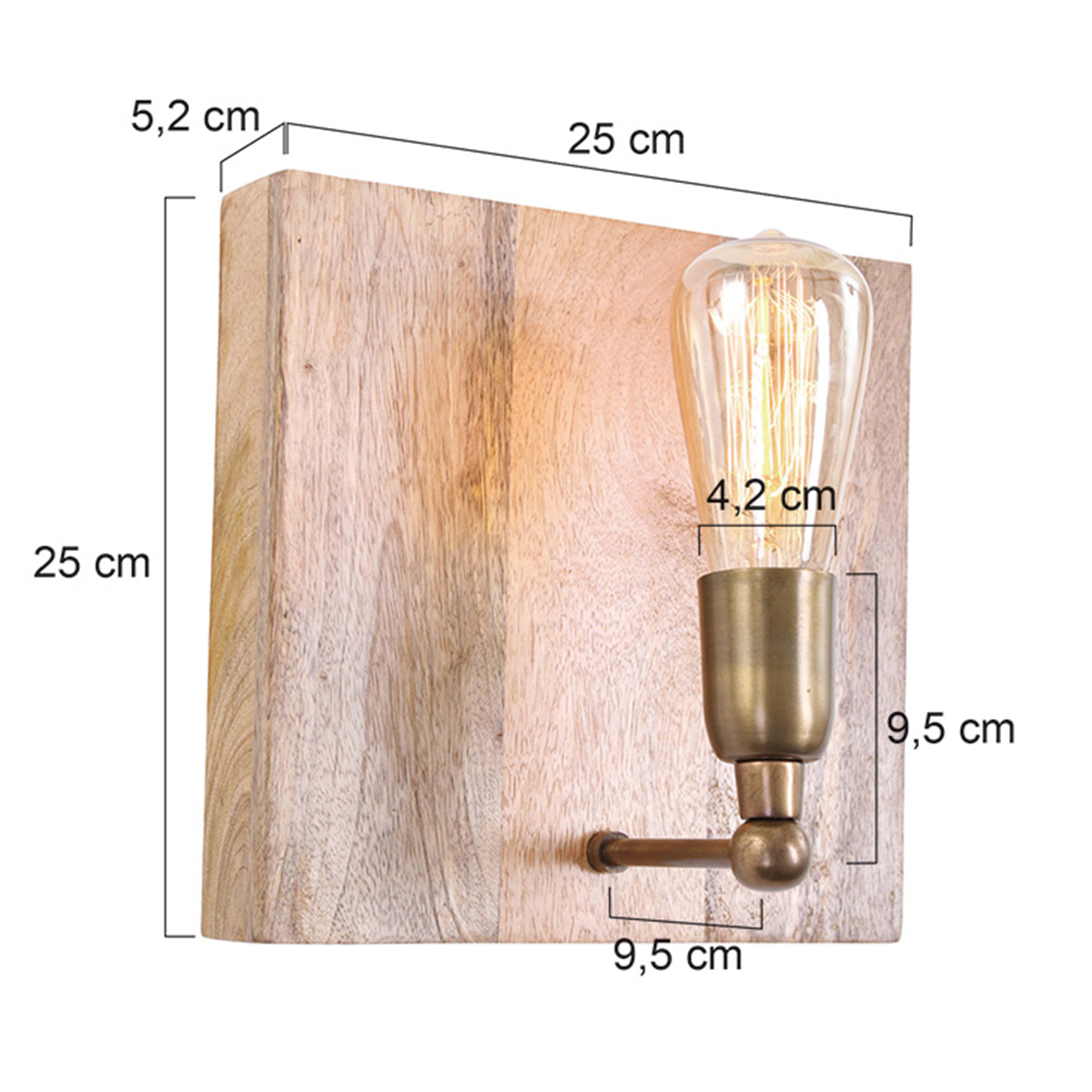 Wandlamp houten blok met bronzen details landelijk Buxton | lampen online