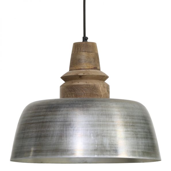 Stoere hanglamp zilveren kap met houten klos Margo