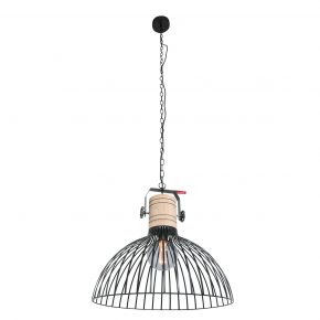 Stoere draad hanglamp met houten klos Dunbar zwart-2998ZW
